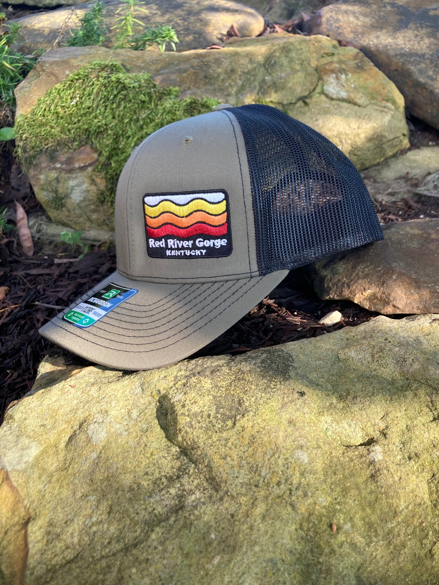 "Retro Wave" Cap with Custom Text. R112 Loden/Blk Side Panel